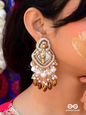 Hairanyika - The Ivory Aurora - Beads And Glass Drops Hand Embroidered Earrings