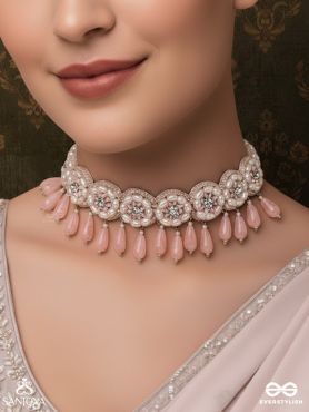 Aravindini - The Love Rose - Stone, Beads And Glass Drops Hand Embroidered Neckpiece