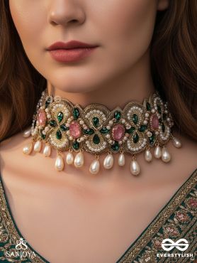 Nalikini - The Emerald Bloom - Stone, Beads And Pearl Drops Hand Embroidered Neckpiece