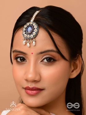 Adhilokam- The Neptune Goddess- Stone, Beads And Pearl Drops Hand Embroidered Maangtika