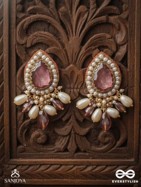 Atyala - The Rosy Raindrop - Stone, Beads And Glass Drop Hand Embroidered Earrings