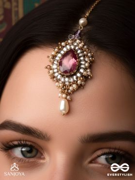 Asyama - The Violet Veil - Beads, Pearl And Stone Hand Embroidered Maangtika 