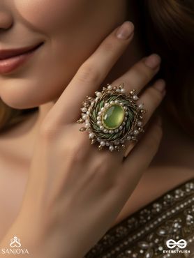 Dyutaka - The Enchanted Forest - Stone And Beads Hand Embroidered Ring (Adjustable)