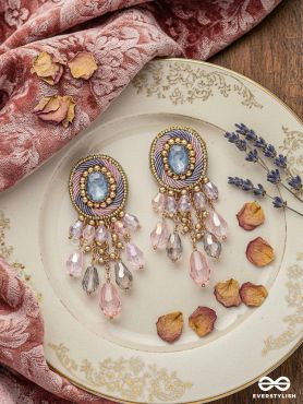 Ahraya - The Pink Fog - Stone, Beads And Glass Drop Hand Embroidered Earrings