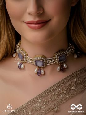 Sushtri- The Chaste Affection - Stones, Beads, Glass And Pearl Drops Hand Embroidered Choker Neckpiece