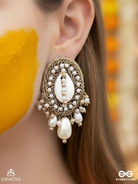 Dinara - The Shell Shoreline - Beads, Shells And Pearl Drops Hand Embroidered Earrings