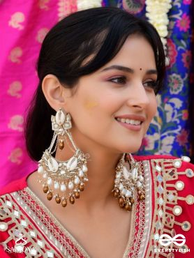 Artharasi- The Shimmering Wealth- Shells, Beads, Pearl And Glass Drops Hand Embroidered Earrings