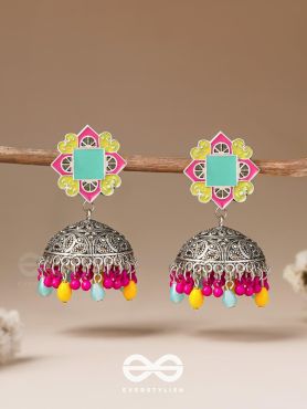 The Flowers Of Spring - Enamelled Oxidised Jhumka Earrings