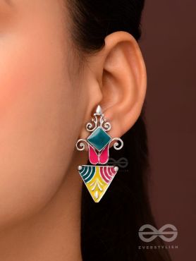 The Adorned Prisms- Enamelled Oxidised Ear Jackets (Red, Yellow And Green)