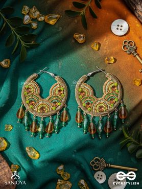 Kaldhvani - The Peacock Chirps - Stones, Beads And Glass Drops Hand Embroidered Hoop Earrings