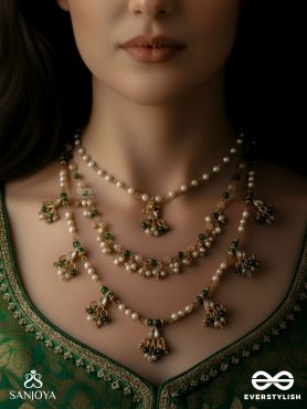 VARSHALEKHA - RAINFALL STROKES - ROYAL HERITAGE MULTI-STRAND KUNDAN NECKLACE WITH PEARL STRINGS AND POLKI DROPS
