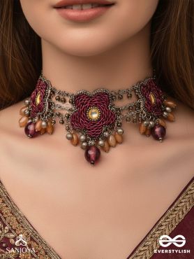 Sumanas - The Burgundy Flowers - Mirror, Resham, Dabka And Glass Drops Hand Embroidered Oxidised Choker Neckpiece