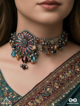 Shaleenta - The Shy Posy - Resham, Dabka And Glass Drops Hand Embroidered Oxidised Choker Neckpiece