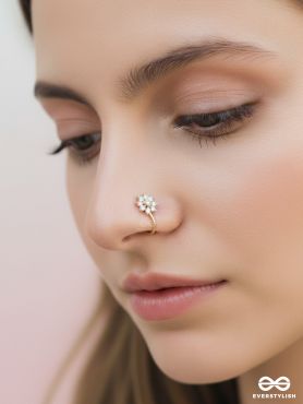 The Embedded Flower - Golden Cubic Zirconia NoseRing (NON-PIERCING)