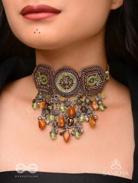 Adrikila - The Earth-Bound - Resham, Dabka And Glass Drops Hand Embroidered Oxidised Choker Neckpiece