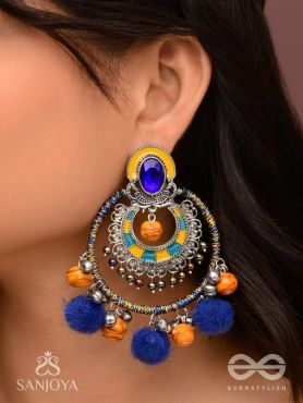 Manishyam - The Sapphire Radiance - Stone, Resham And Beads Hand Embroidered Enamelled Oxidised Earrings