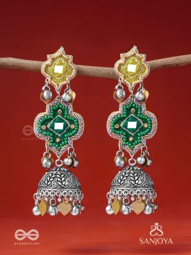 Aranyaj - Song Of The Forest - Beads, Dabka And Coins Hand Embroidered Oxidised Jhumka Earrings