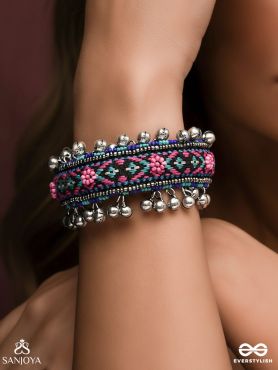 Ragapushpi - The Rosy Night - Resham And Beads Hand Embroidered Oxidised Cuff Bracelet