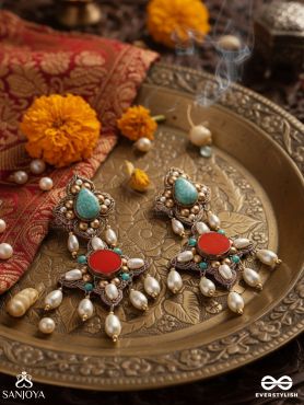 Kusumvat - The Blissful Flowers - Beads, Dabka And Pearl Drops Hand Embroidered Earrings