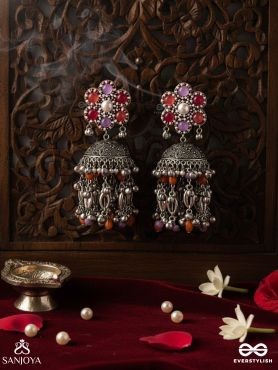 Punyodyan - The Shell Shalimar - Beads, Shells And Glass Drops Hand Embroidered Oxidised Jhumka Earrings