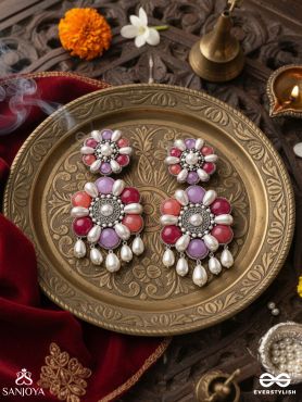 Laagnritt - Waltz Of The Flowers - Beads And Pearl Drops Hand Embroidered Oxidised Earrings