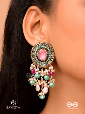 Prakhyaih - The Hazy Splendor - Stones, Beads And Pearl Drops Hand Embroidered Earrings