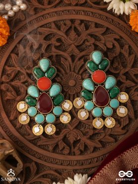 Vikṛtiśīla- Elegant Form-Chunky blue, green, and rust-colored stones with a distinctive golden-silver leaflet design