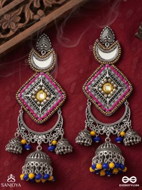 CHANDRAKANTA-MOONSTONE EARRINGS-STATEMENT OXIDISED JHUMKAS WITH MIRROR, BEADS AND THREAD WORK