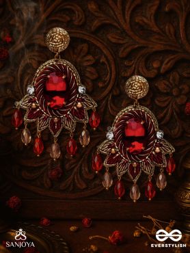 RAKTAVARNA-RED HUE HAND-EMBROIDERED EARRINGS IN RED AND GOLD TONES, FEATURING STONES, GLASS BEADS, AND INTRICATE RESHAM THREAD WORK