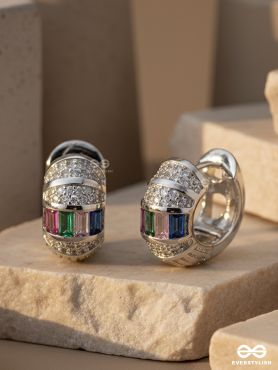 GLEAMING BAND - SILVER PLATED ANTI-TARNISH BOLD HOOPS EARRINGS INLAID WITH CUBIC ZICRONIA STONES
