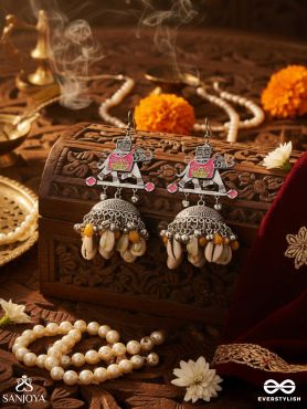 GAJASANKHA KARṆIKA- ELEPHANT-SHELL EARRINGS- OXIDIZED EARRINGS FEATURING AN ELEGANT MOTIF, DELICATE GHUNGHROO'S, AND COWRIE SHELLS