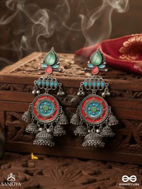  ADITYARATNA-SUN GEM- RADIANT EARRINGS WITH DETAILED METALWORK SET IN PASTEL TONE FEATURING STONE AND JHUMKAS