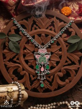 MAYURA MAALA- PECOCK NECKLACE: ENAMELLED OXIDISED NECKLACE WITH GHUNGROO AND BEADS