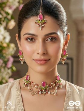 ASITA - THE REGAL ORCHID - STONES, BEADS AND PEARLS HAND EMBROIDERED SET WITH NECKPIECE, EARRINGS &amp; MAANGTIKA 