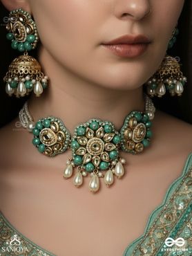 MAUGDHYA - THE TREASURED INNOCENCE - BEADS, PEARL DROPS, POLKI & KUNDAN HANCRAFTED SET WITH CHOKER NECKPIECE AND EARRINGS