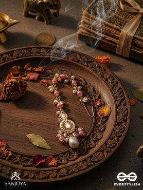 DIVYAMUKUTA - DIVINE ORNAMENT - PEARLS AND BEADS HAND EMBROIDERED MAANG TIKA (PINK & WHITE)