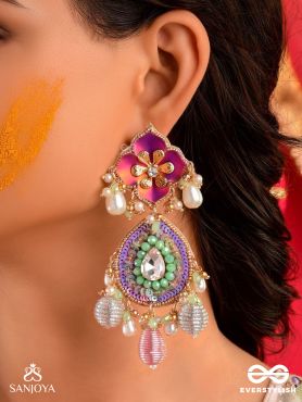RANGOLIKA - A CANVAS OF COLORS - ENAMEL FLOWERS, BEADS AND PEARLS  HAND EMBROIDERD EARRINGS 