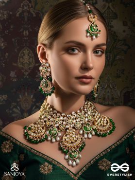 HRIDAYAPRAKRITI - NATURE OF THE HEART -  HAND EMBROIDERED BRIDAL KUNDAN SET WITH NECKLACE, EARRINGS AND MAANGTIKA