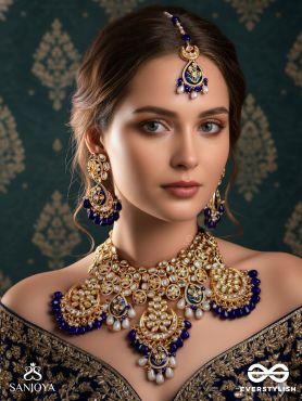 NĪRASUNDARĪ -  OCEAN BEAUTY -  HAND EMBROIDERED BRIDAL KUNDAN SET WITH NECKLACE, EARRINGS AND MAANGTIKA