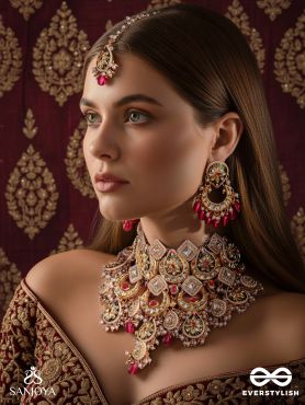 RĀJATILAKA - ROYAL CROWN - HAND EMBROIDERED BRIDAL KUNDAN SET WITH CHOKER NECKPIECE, EARRINGS AND MAANGTIKA