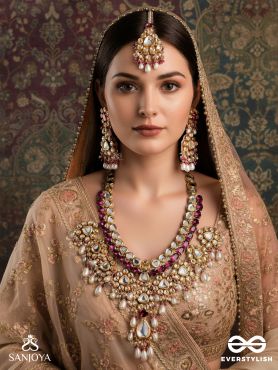PREMABHĀVINI - RADIATING LOVE -  HAND EMBROIDERED BRIDAL KUNDAN AND PEARL SET WITH NECKLACE, EARRINGS AND MAANGTIKA