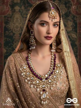 AMRITAMUKTA - IMMORTAL PEARL -  HAND EMBROIDERED BRIDAL KUNDAN AND PEARL SET WITH NECKLACE, EARRINGS AND MAANGTIKA
