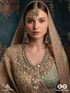 MADHURASHRĪ  - SWEET SPLENDOR -  HAND EMBROIDERED BRIDAL KUNDAN AND PEARL SET WITH NECKLACE, EARRINGS AND MAANGTIKA