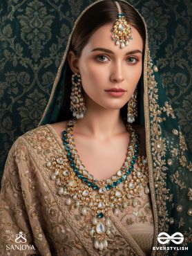 VARUNĪPRIYĀ - BELOVED OF THE OCEAN -  HAND EMBROIDERED BRIDAL KUNDAN AND PEARL SET WITH NECKLACE, EARRINGS AND MAANGTIKA