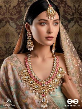 PRABHĀTARALA - FLOWING RADIANCE -  HAND EMBROIDERED BRIDAL KUNDAN AND PEARL SET WITH NECKLACE, EARRINGS AND MAANGTIKA