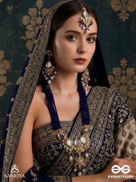 JALANIRMALA - PURE WATER - HAND EMBROIDERED BRIDAL KUNDAN AND PEARL SET WITH NECKLACE, EARRINGS AND MAANGTIKA