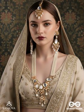 PARAMĀNANDA - PURE BLISS -  HAND EMBROIDERED BRIDAL KUNDAN AND PEARL SET WITH NECKLACE, EARRINGS AND MAANGTIKA