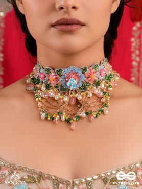 MADHUVRATA - SPRING BLOOM - DELICATE EMBROIDERED CHOKER WITH FLORAL MOTIFS, BEADS AND PEARL DROPS