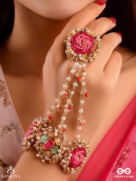 GULRATNA - JEWEL OF ROSES - HANDCRAFTED ROSE HAATHPHOOL WITH BEADED FRINGES, PEARLS AND GEM DETAILS