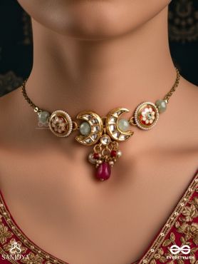 SHONAPRABHA- RADIANCE OF GOLD AND RED- HANDCRAFTED KUNDAN CHOKER  WITH GOLDEN MOONS AND RED BEADS